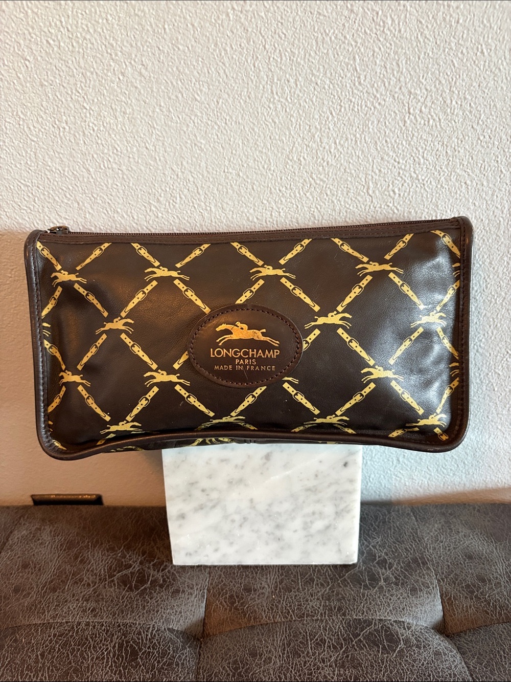 Longchamp Brown & Gold Patterned Leather clutch, versatile Pouch
